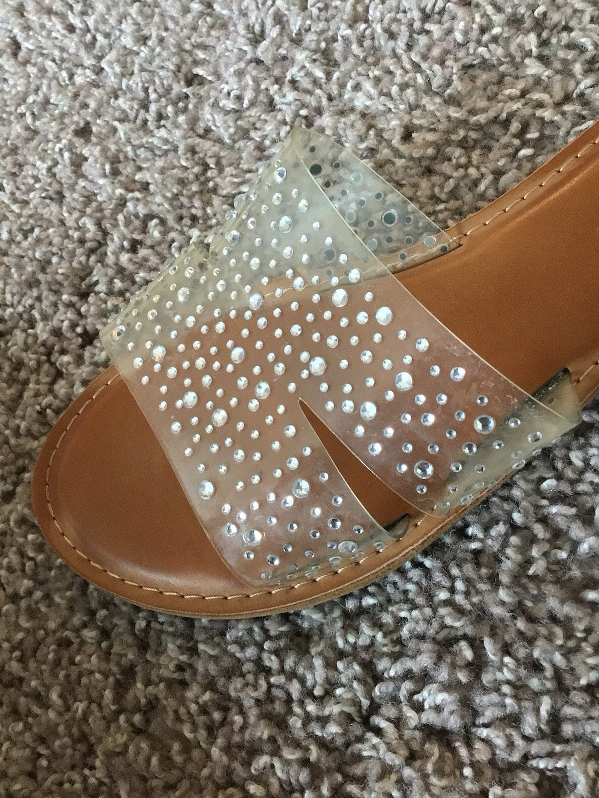 Rock & Candy Women’s Clear Rhinestone Slide Sandals Brown Footbed Slip On 8
