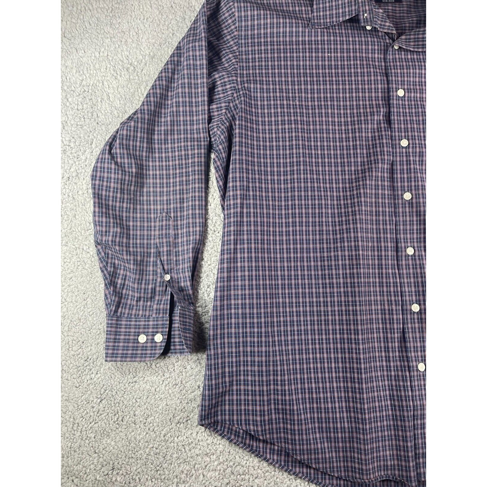 Nautica Shirt Mens 34 / 35 Button Down 17.5 in Blue Purple Plaid Non Iron Cotton