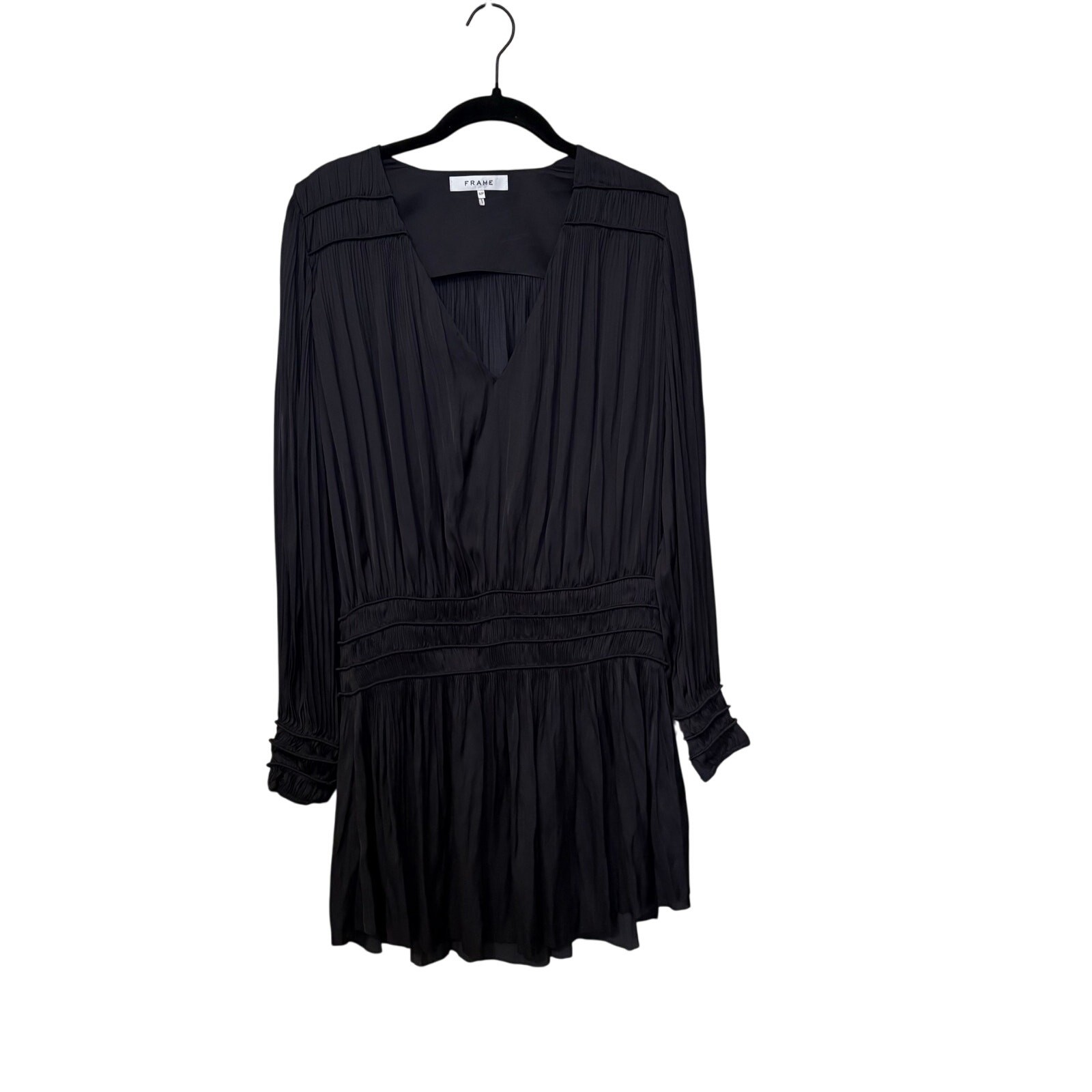FRAME Black Pleated Long Sleeve V Neck Mini Dress Size Small