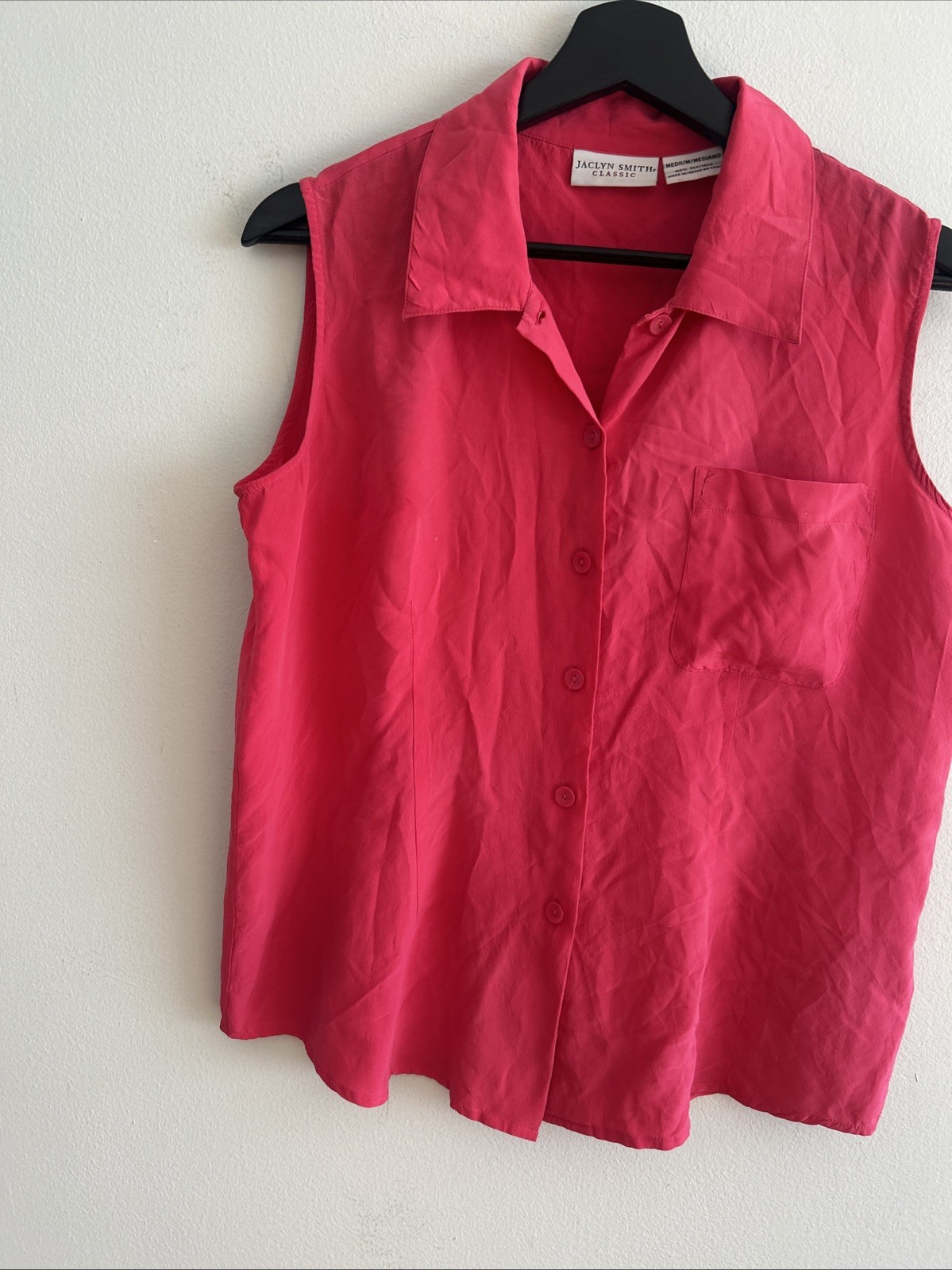 Jacky Smith Women’s 100% Silk Button Down Hot Pink Vintage Sleeveless Top Sz S