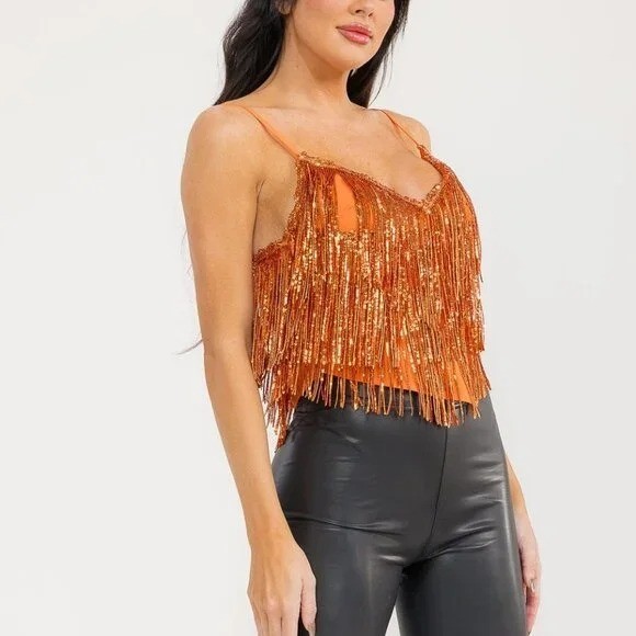 Orange Sequin Fringe Top Cropped Tassel Clubwear Glitter Rave Disco Cowgirl M