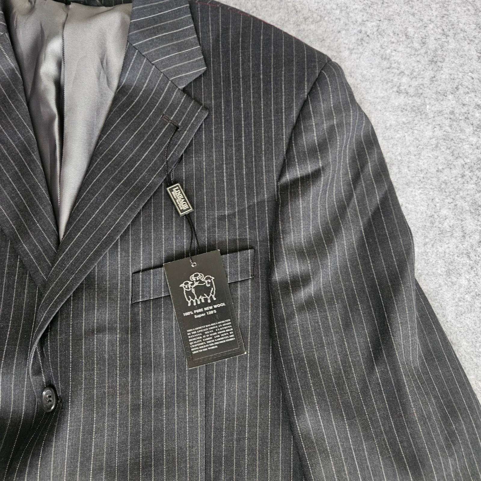 Lineage Mens Charcoal Pinstripe 2-Piece Suit 42L 34×35 Super 110s Merino Wool