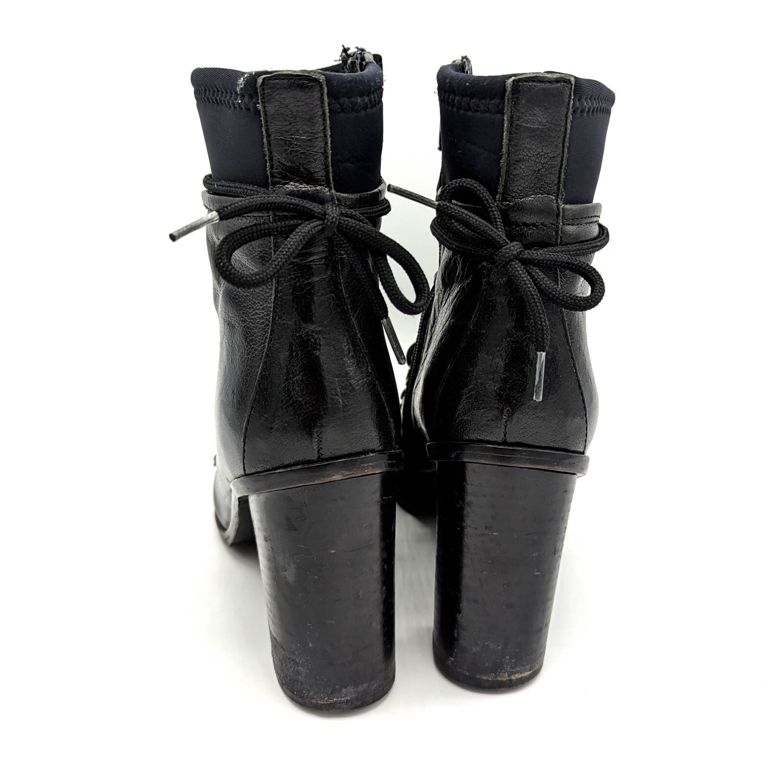 Napoleoni Grannie Black Leather Neoprene Lace-up Witch Granny Booties Sz 9 (39)