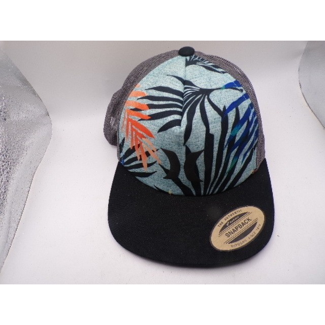 Yupoong Classics Tropical Palm Print Trucker Snapback Hat Grey Mesh Flat Brim