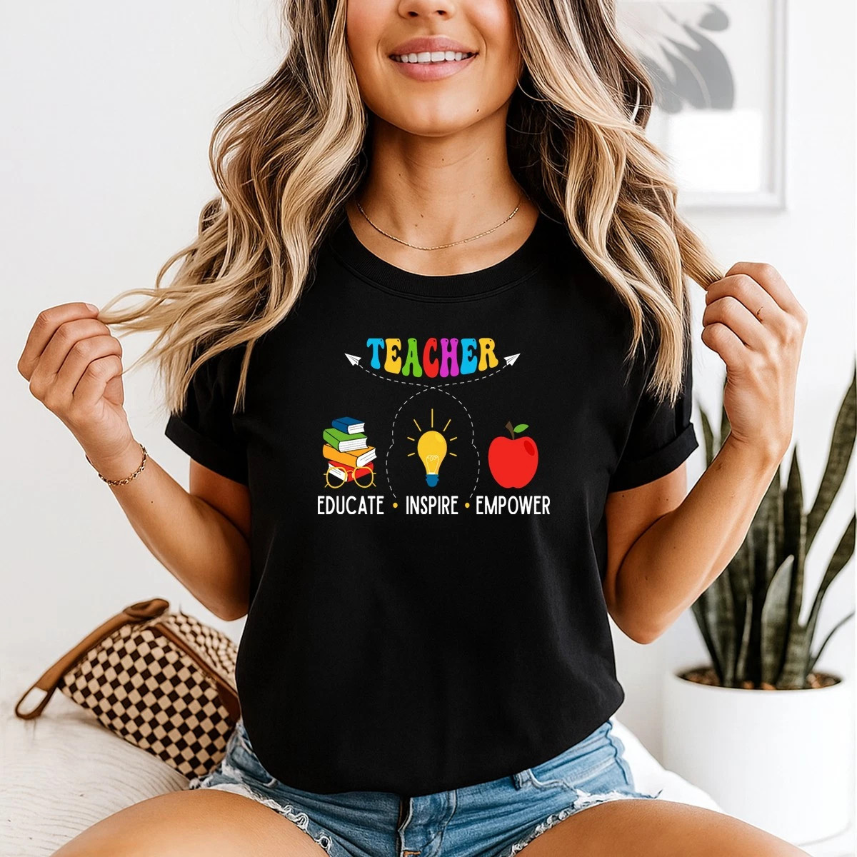 Teacher Educate Inspire Empower Education Back To School Black T-shirt