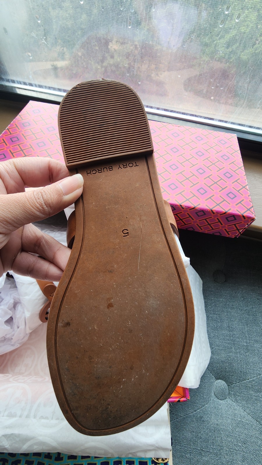 Tory Burch Miller Women’s Leather Thong Slip-On Sandals Brown Logo US 5