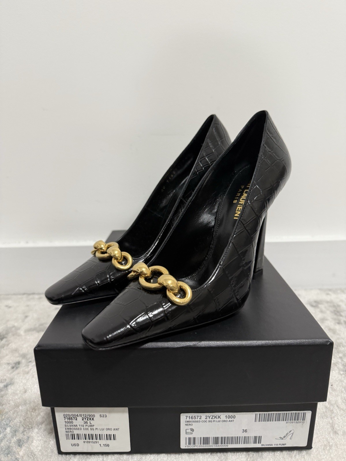 Saint Laurent Silvana 110M Chain Pumps – Embossed Patent – Size 36 EU / 6 US