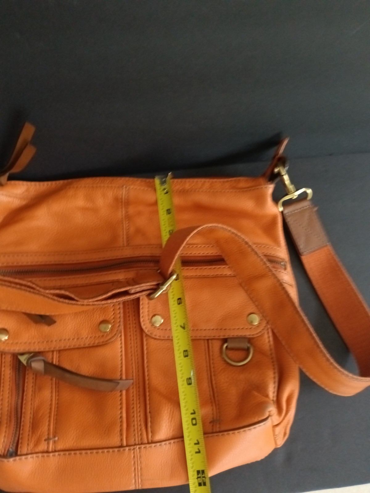 Fossil Crossbody Shoulder Bag Cognac Orange Leather Multi Pocket Brass