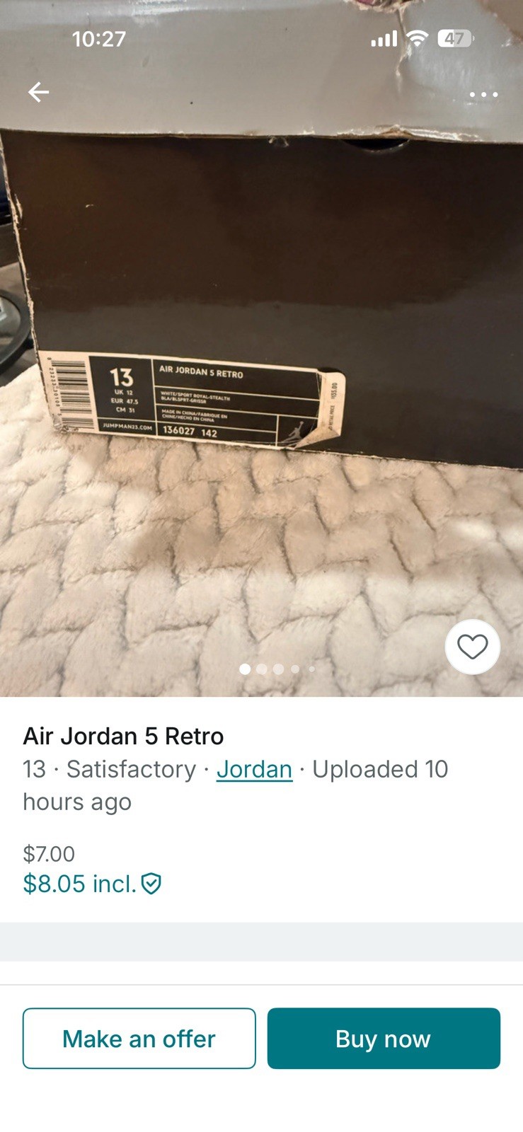 Jordan Air Jordan 5 Retro Stealth Men’s High Top White Blue 136027-142