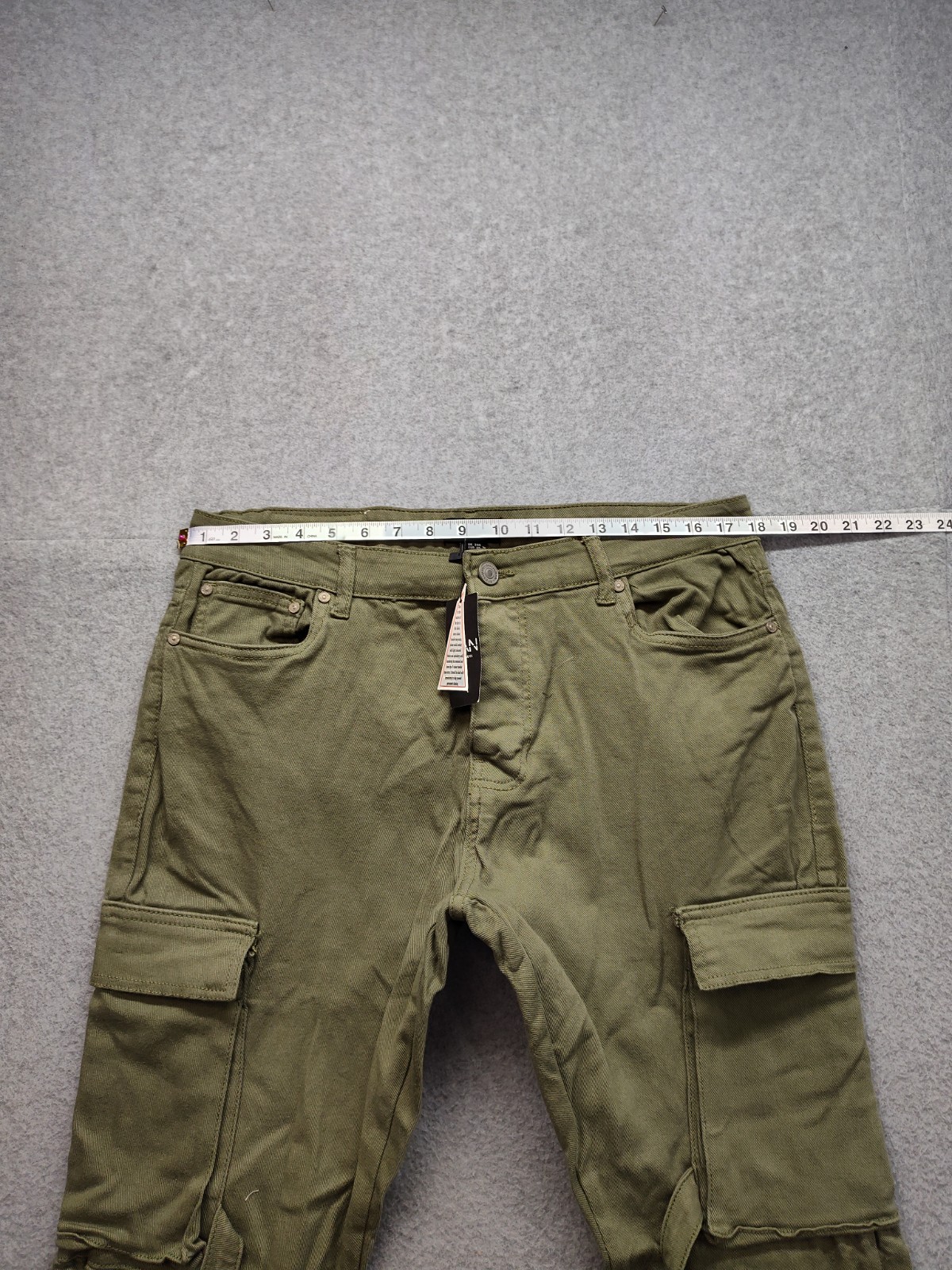 Boohooman Men Cargo Pant 34 Olive Green Utility Workwear Strappy Buckle Pockets