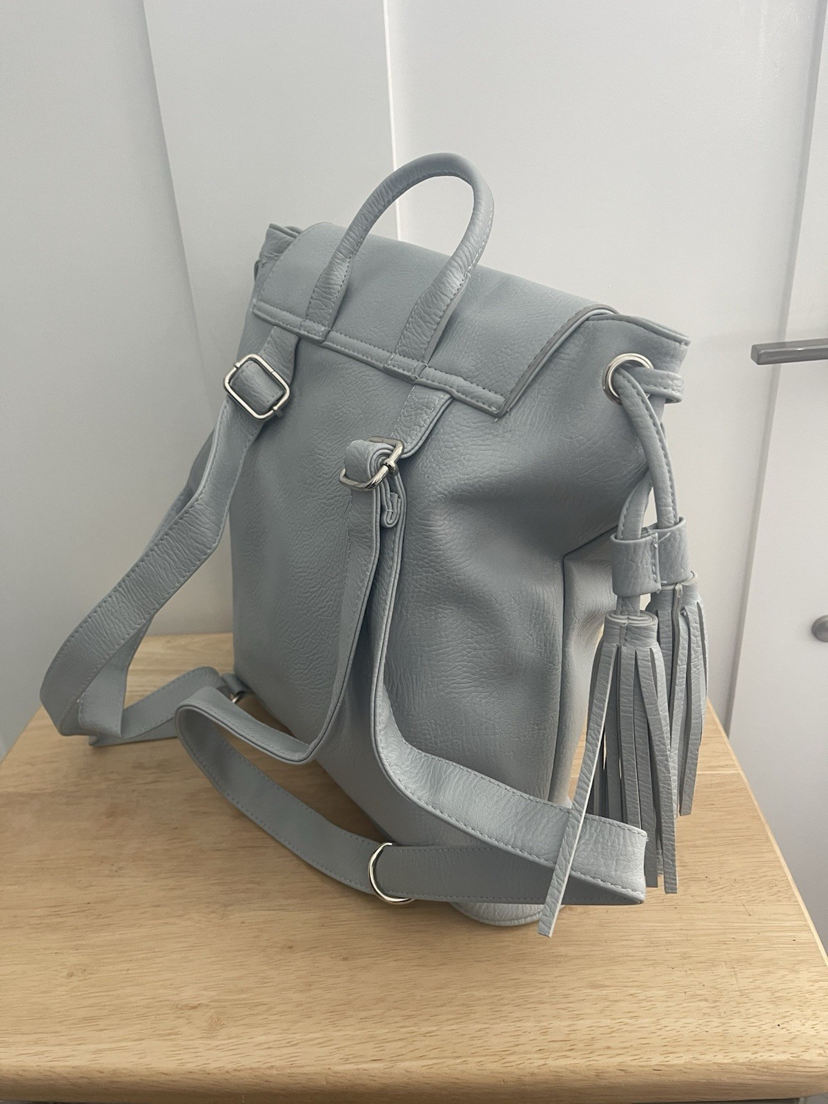 Gray Pebbled Backpack Purse Drawstring Tassel Top Handle Adjustable Strap