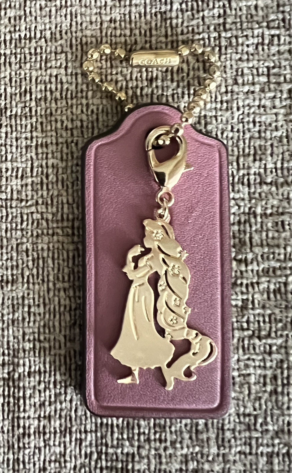 Genuine Coach 2.25” Pink Leather HangTag+Gold Disney Rapunzel Silhouette Charm