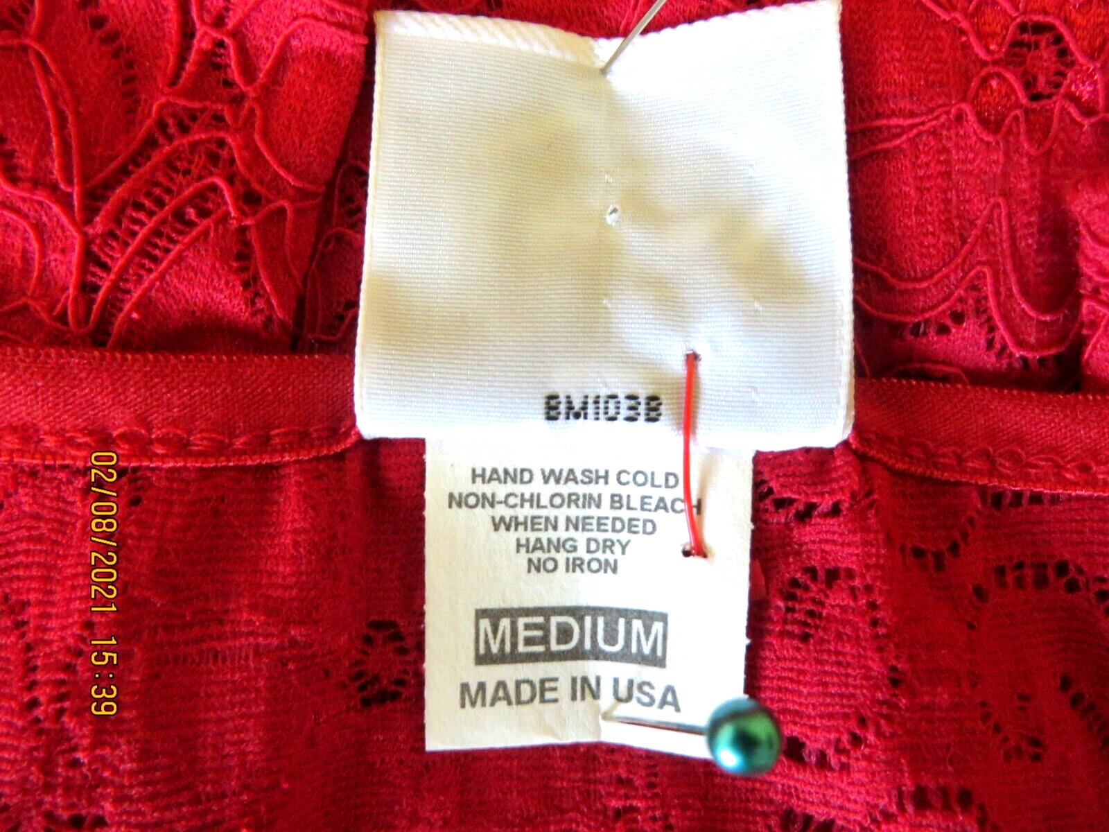 B. Moss SZ M Nylon/Span Red Semi Sheer Stretchy-Lace Fabric 3/4 Sleeve Top Shirt