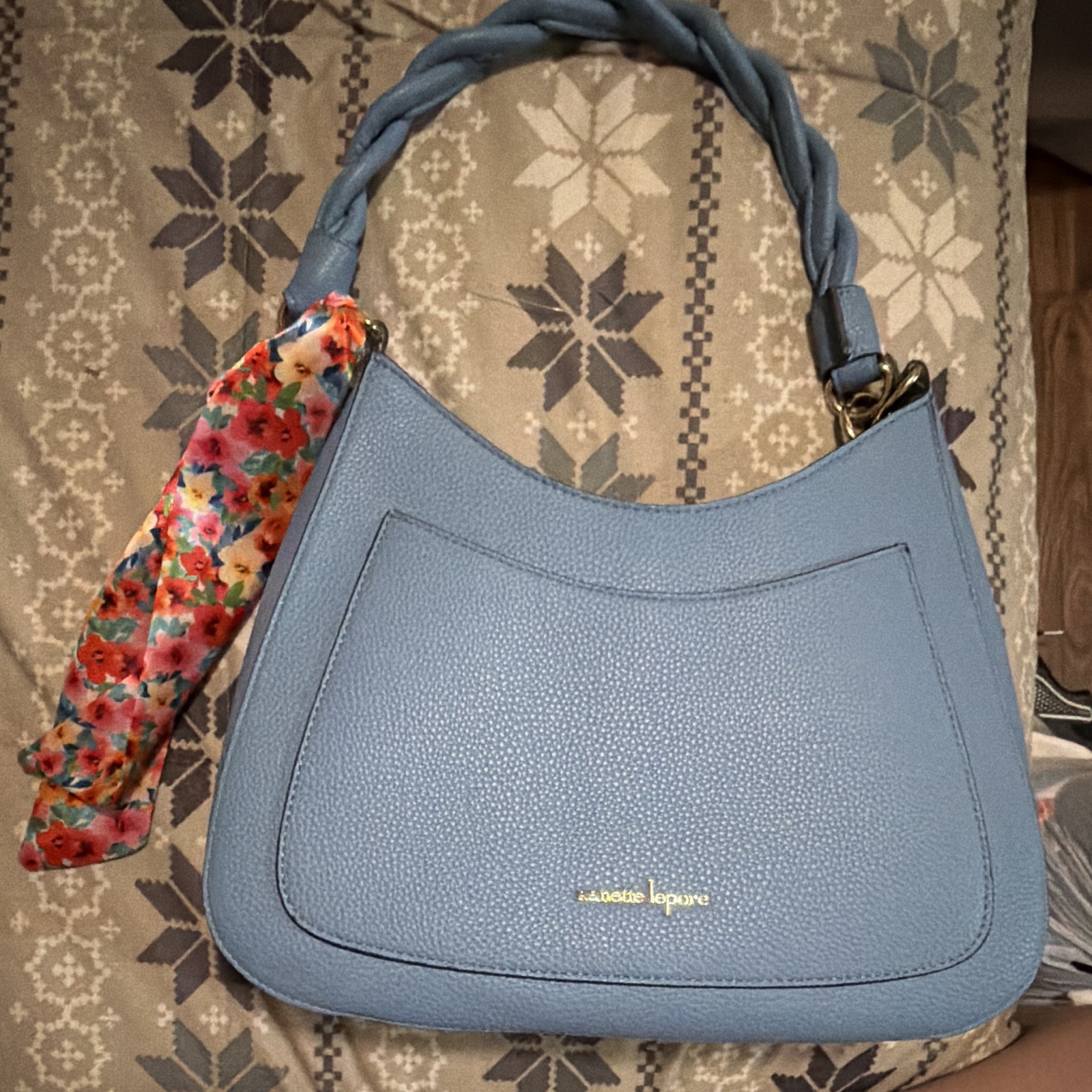 Nanette Lepore Blue Pebbled Crescent Shoulder Bag Braided Handle Zip Gold