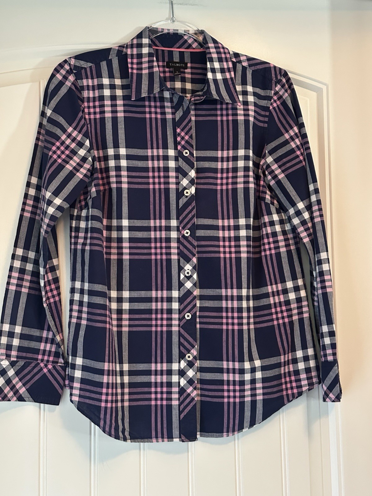 Talbots Preppy Navy Blue & Pink Plaid Button Up Long Sleeve Cotton Shirt Small