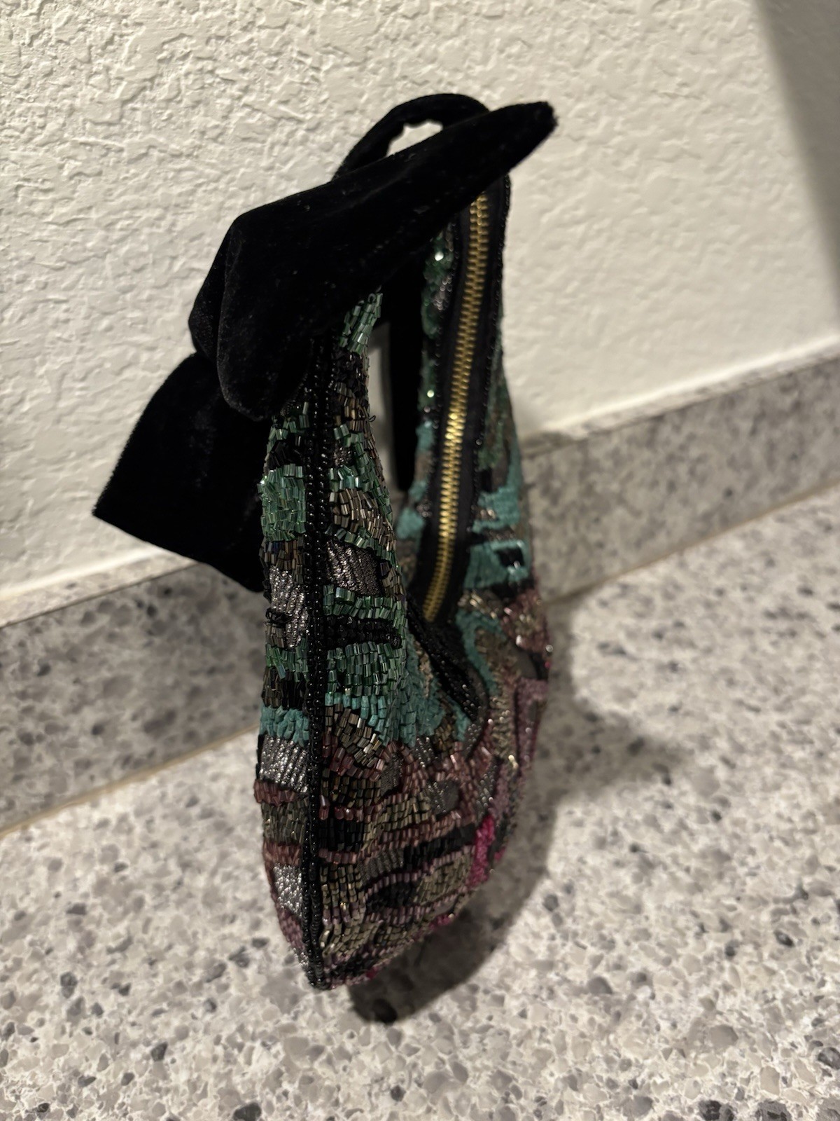 Beaded Shoulder Bag With Bow, Pink, Blue Purple Black ￼