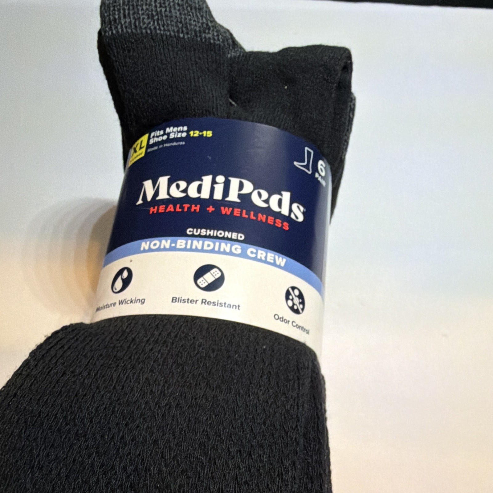MediPeds Men’s Non-Binding Crew Socks 6 Pairs XL Black Cushioned Moisture W