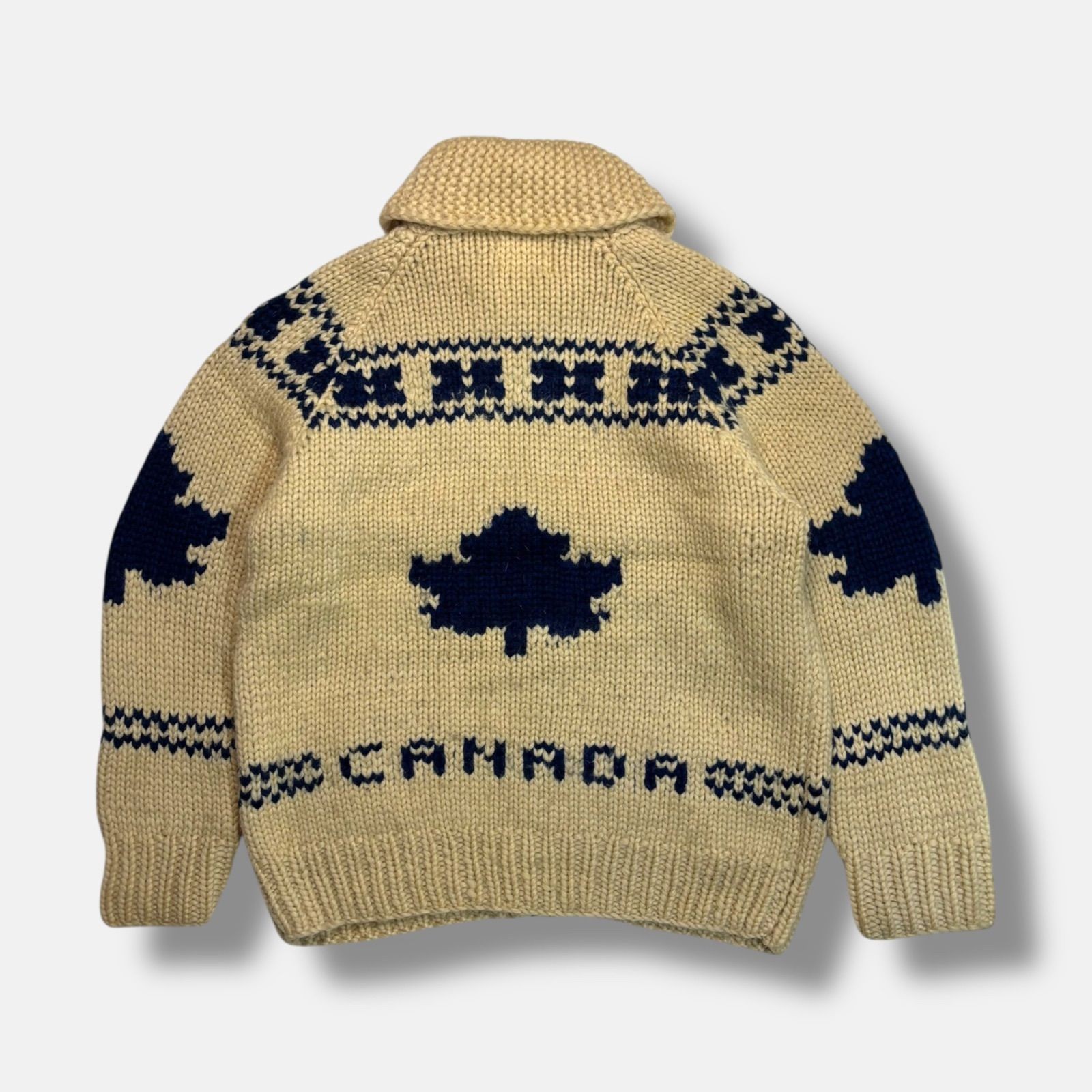 Kanata Cowichan Sweater Maple Leaf Beige Navy 100% Pure Virgin Wool Used Knit