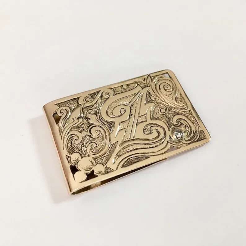 10K Yellow Gold Over Diamond Accent Hand-Engraved Initial Monogram Money Clip 1P
