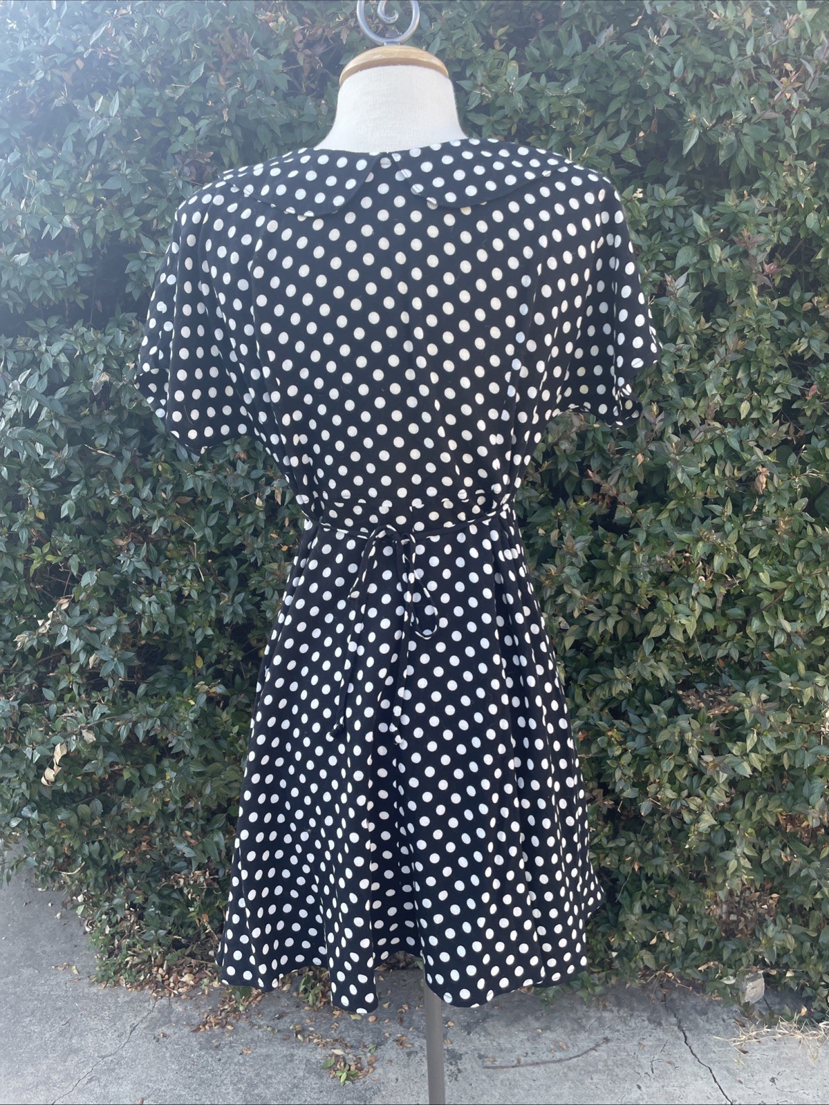 Vintage Polka Dot Mini Dress M Peter Pan Collar Rockabilly Empire Waist Black