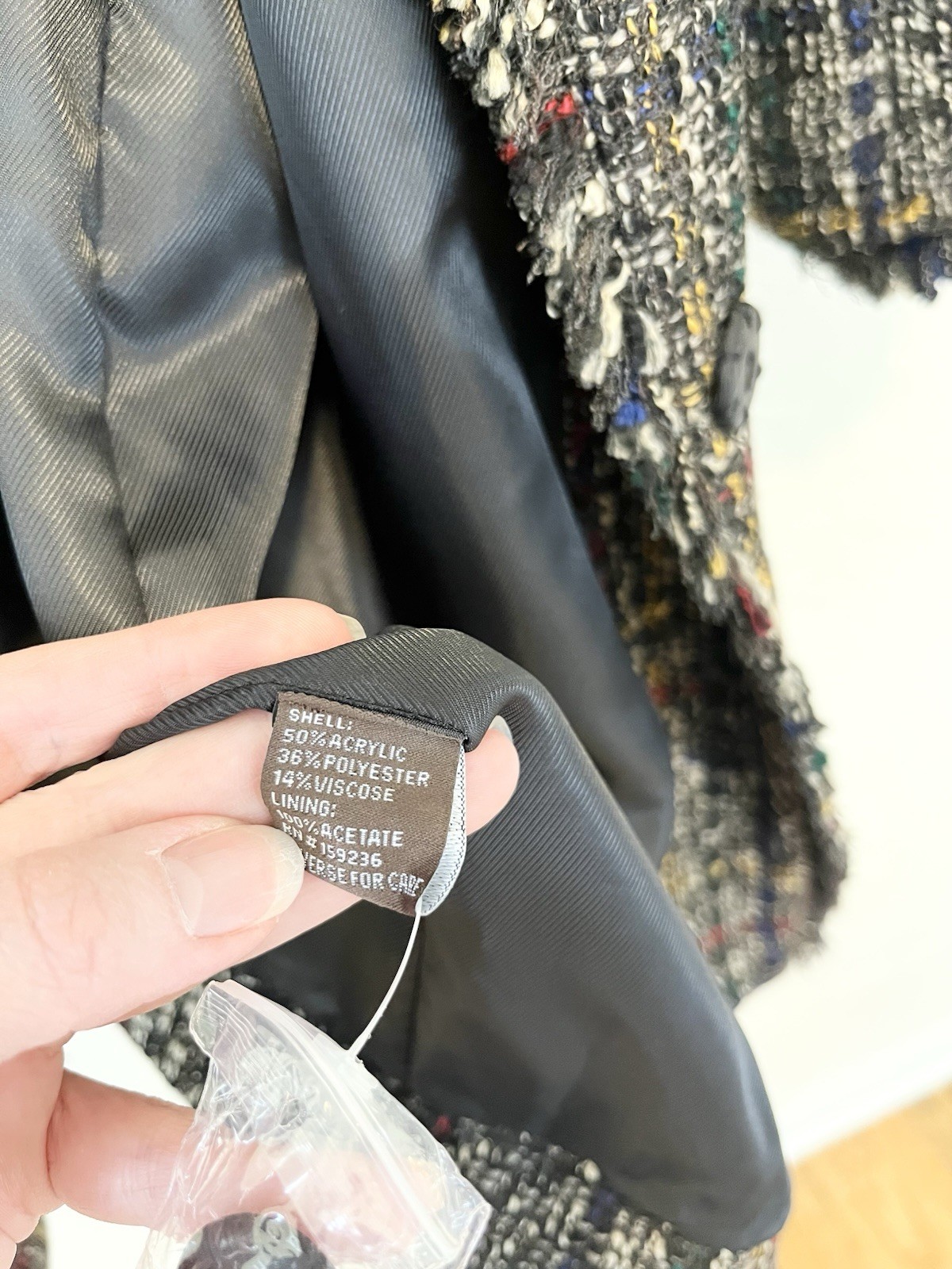 J. McLaughlin Jacket Coat Black Blue Tweed Fringe Large L
