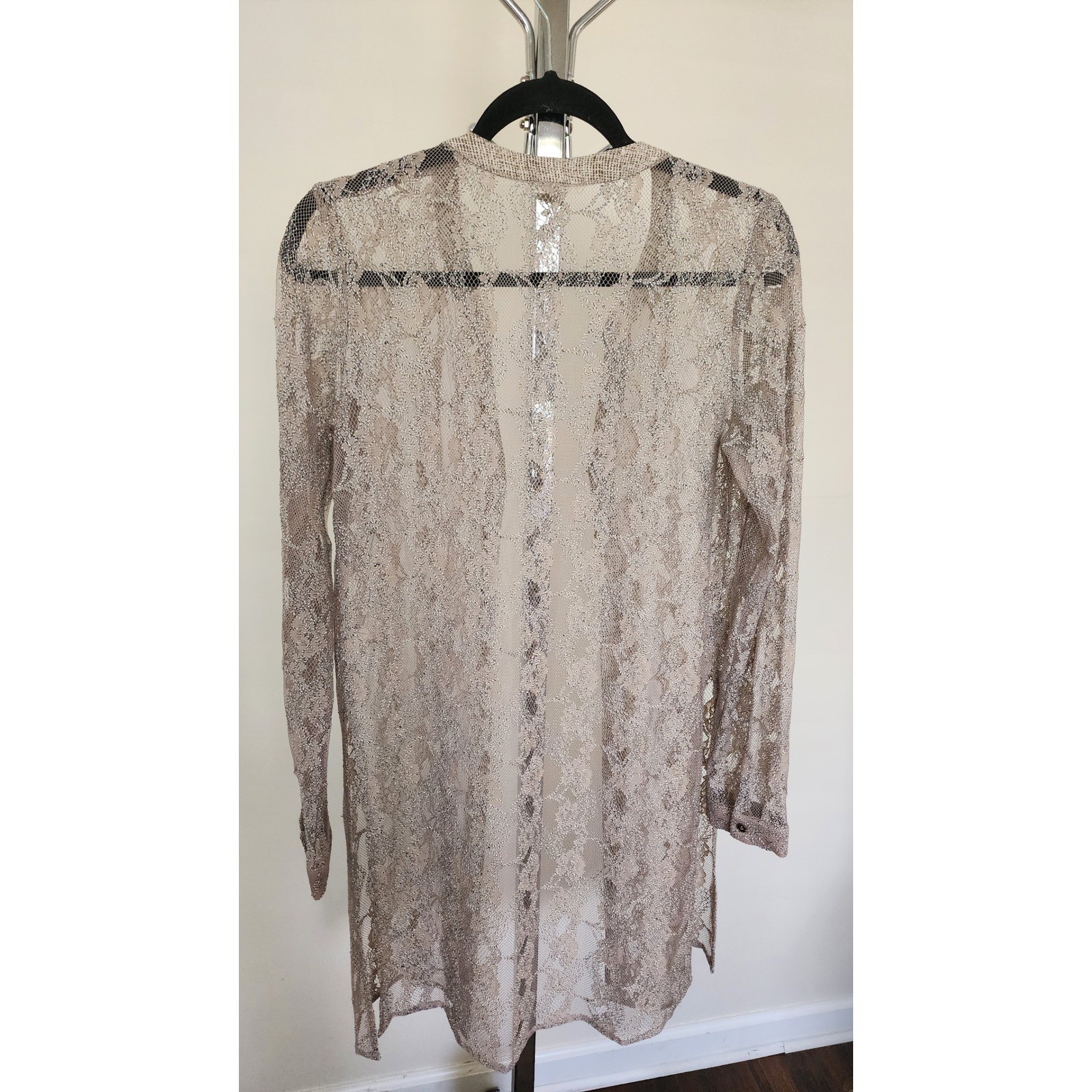 Mystree Women Beige Metallic Lace Sheer Button Down Cardigan Quiet Luxury