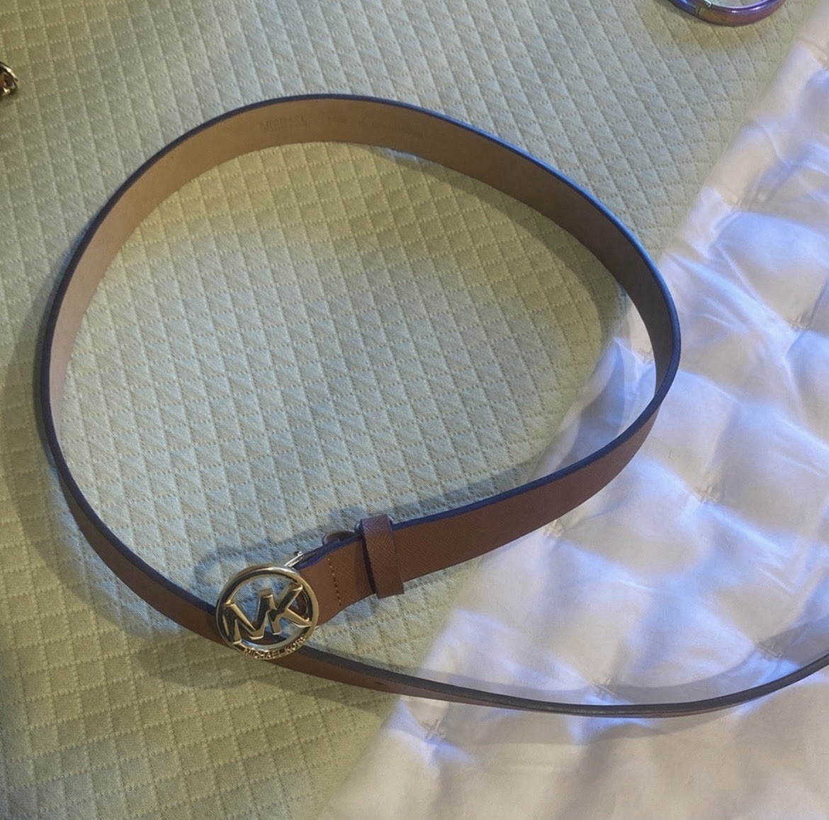 Michael Kors Womens Skinny Belt Brown Gold MK Logo Buckle Adjustable Size M