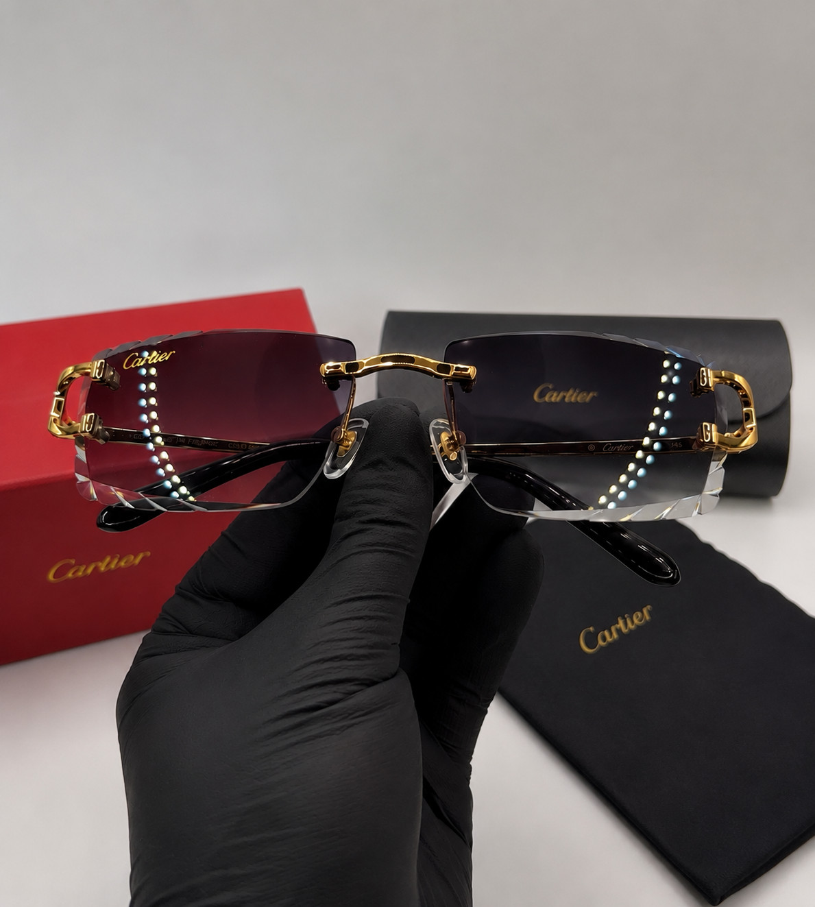 Cartier Big C Diamond Cut Frameless BLACK Lens Gold Frame