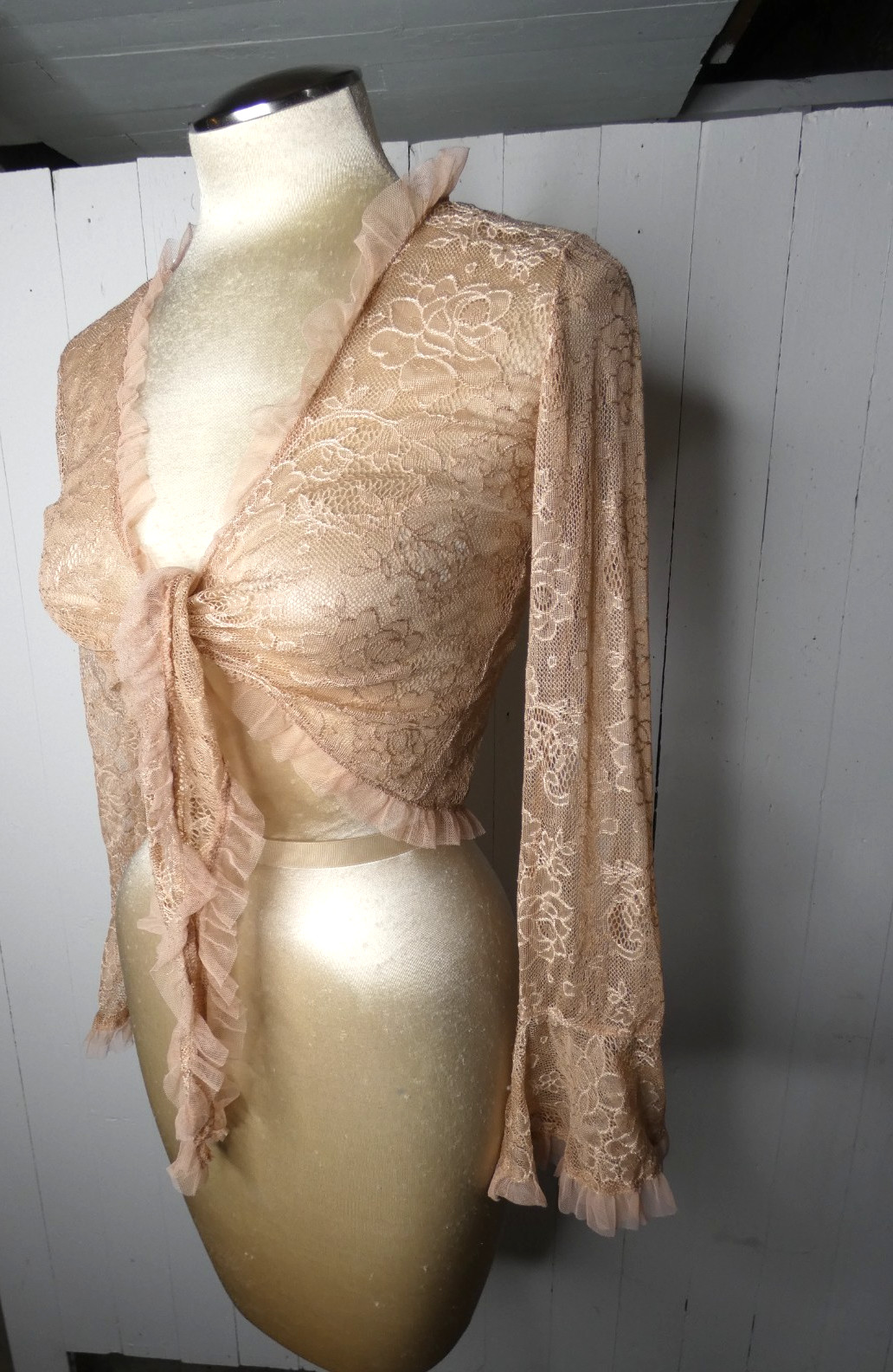 VTG Cejon Women’s S Taupe Lace Cropped Tie Front Shawl Semi Sheer Y2K Bolero