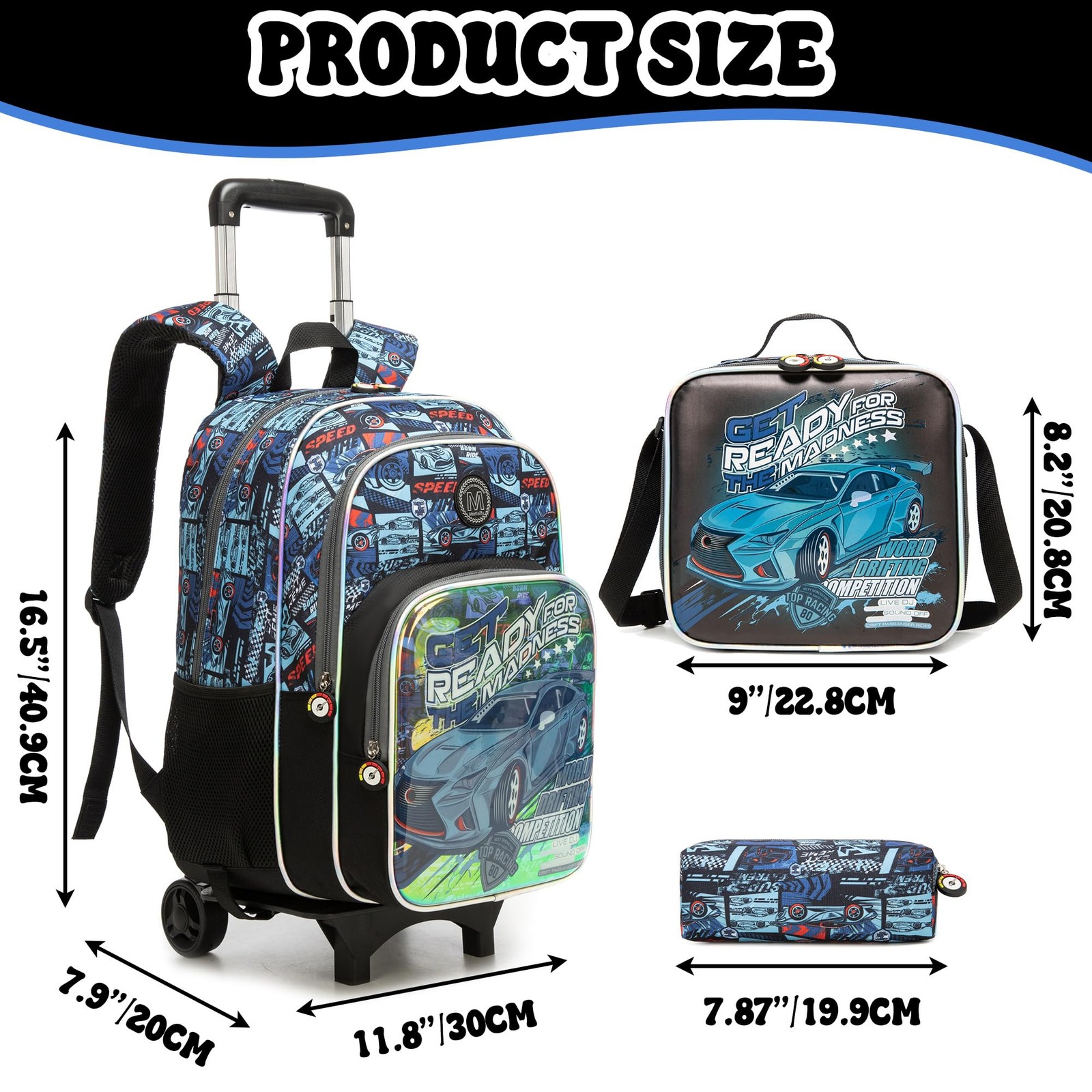 Backpack with Wheels for Boys Kids Rolling 16.5*11.8*7.9in, Black Gray Car-5