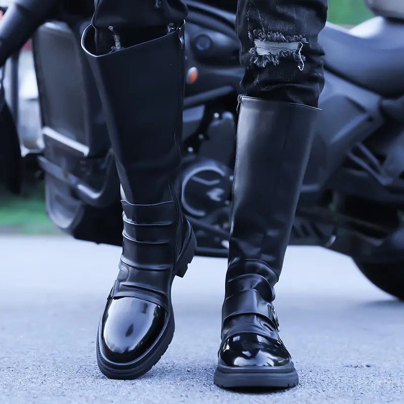 Mid Claf Boots Men’s Vintage Pleated Patent Leather Riding Motorcycle Punk Shoes