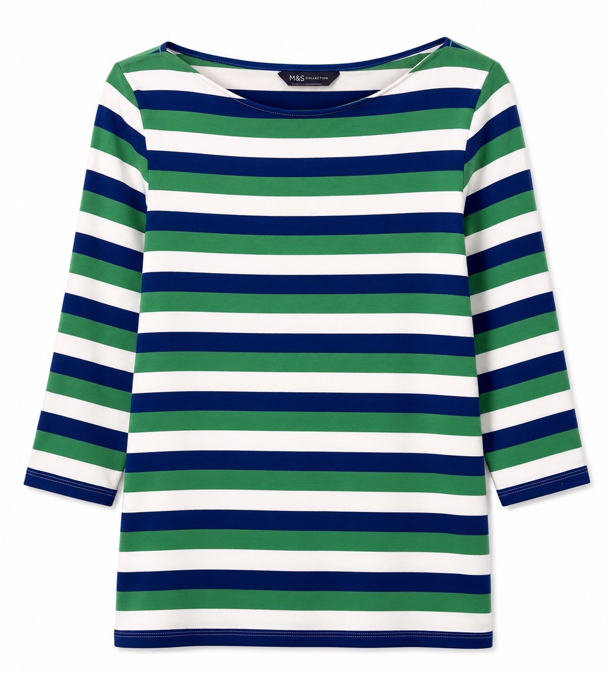 M&S Collection Striped Top UK 12 Blue Green White 3/4 Sleeve Stretch Jersey