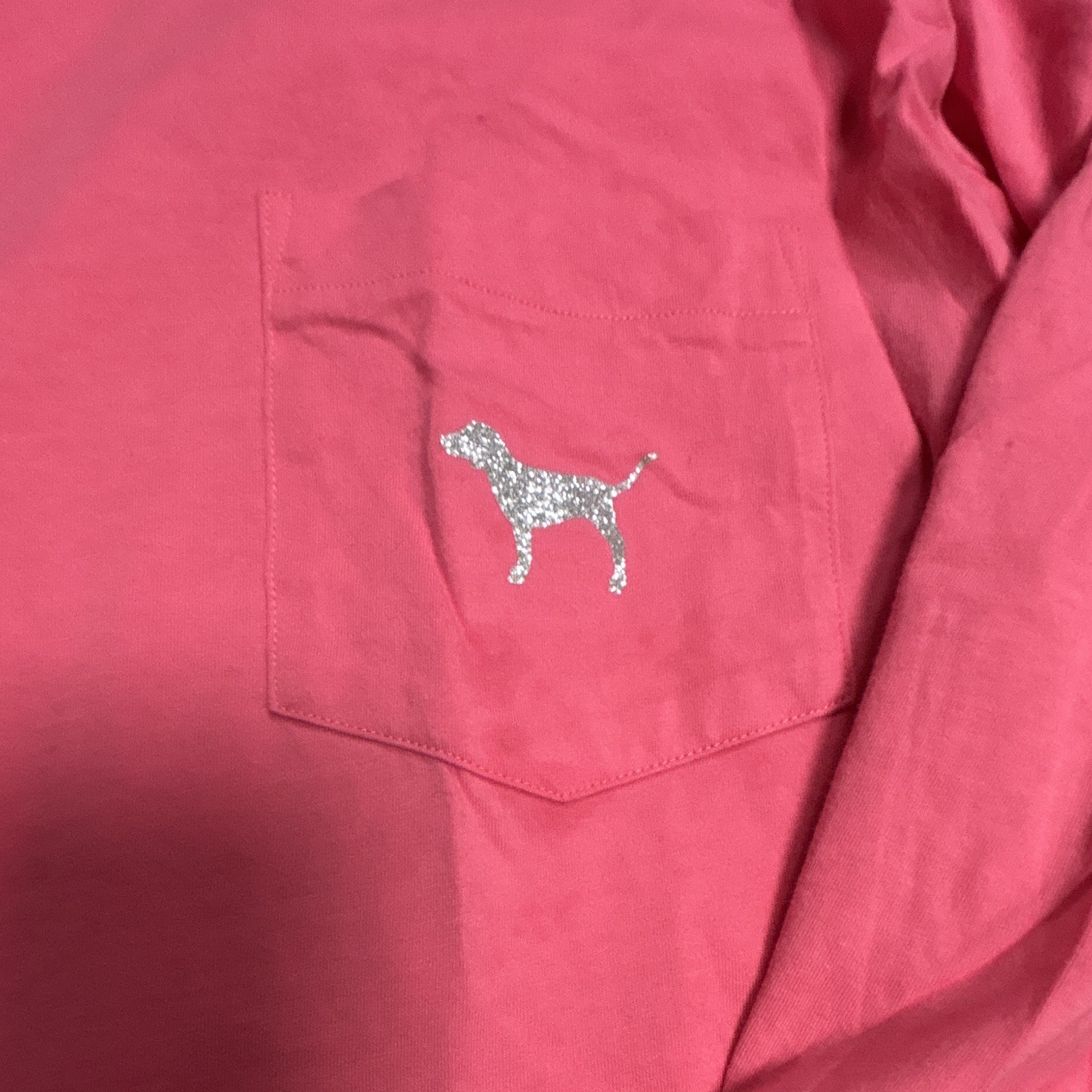 PINK Women’s Pink Logo Graphic Crew Neck Sequin/Glitter Pocket Tee L