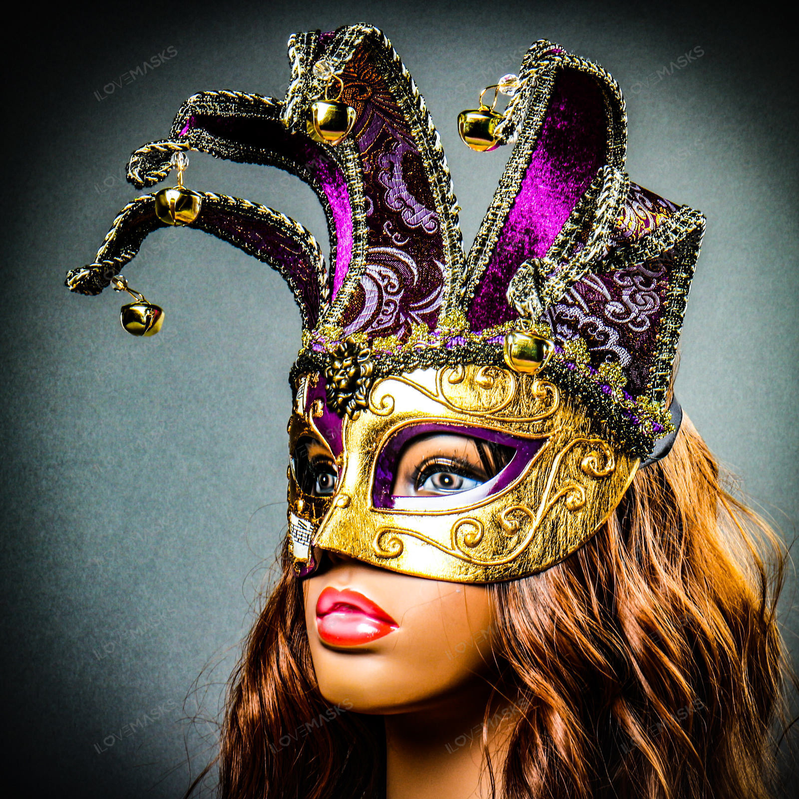 Jester Joker Venetian Musical Eye Mask with Bells Gold Purple Halloween Eye Mask