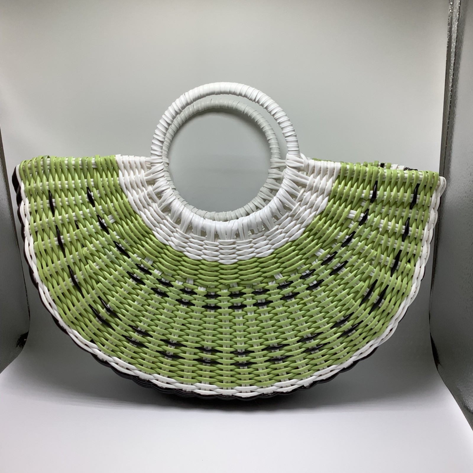 Lime Semi Circle Watermelon Shape Plastic Bag Beach Tote Woven Bag Top Handle