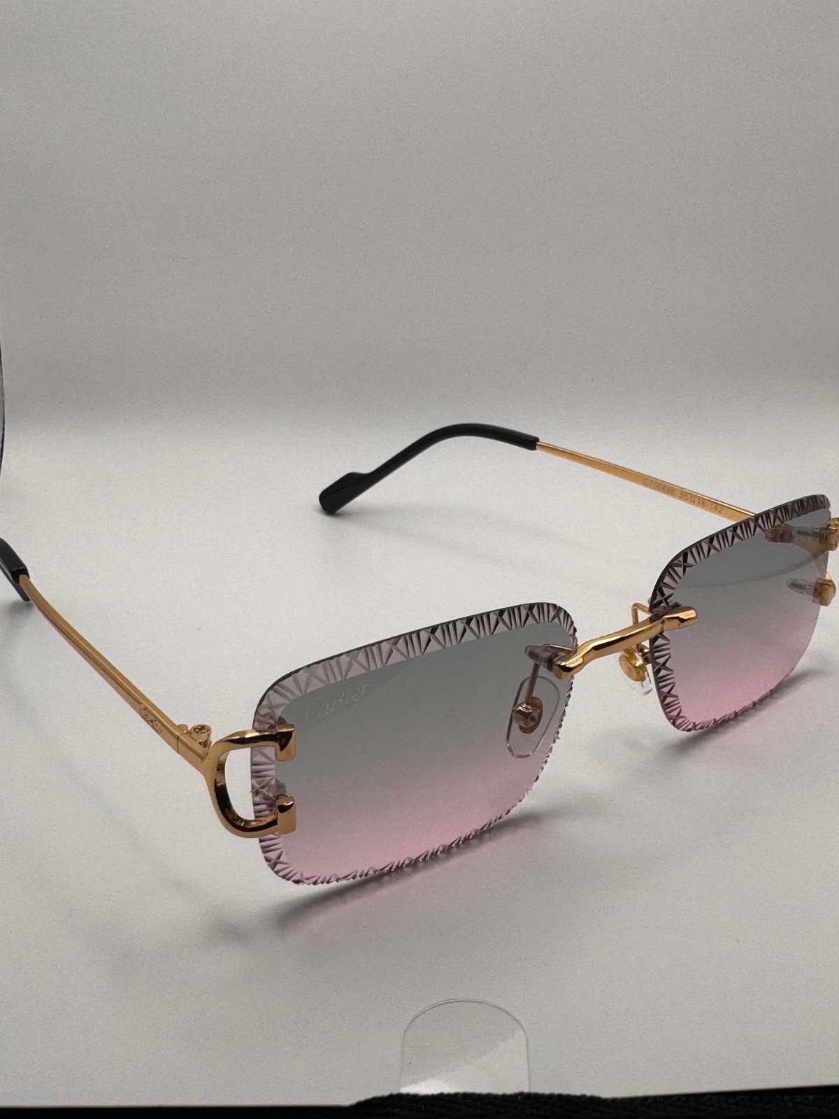 Cartier Big C Diamond Cut Frameless Pink/Green Lens Gold Frame