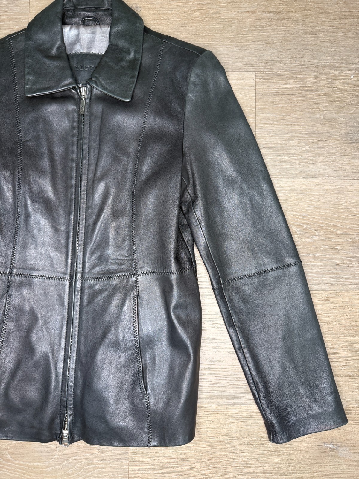 Vintage Guess Genuine Leather Jacket Women’s Black Moto Biker Zip Coat Size S
