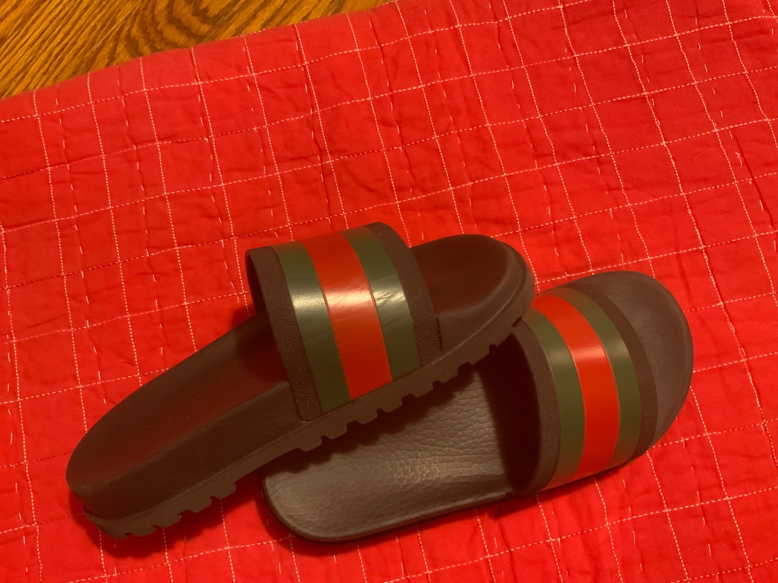 Gucci Signature Web Slide Sandals Black Red Green Leather Men’s Size 7/7.5