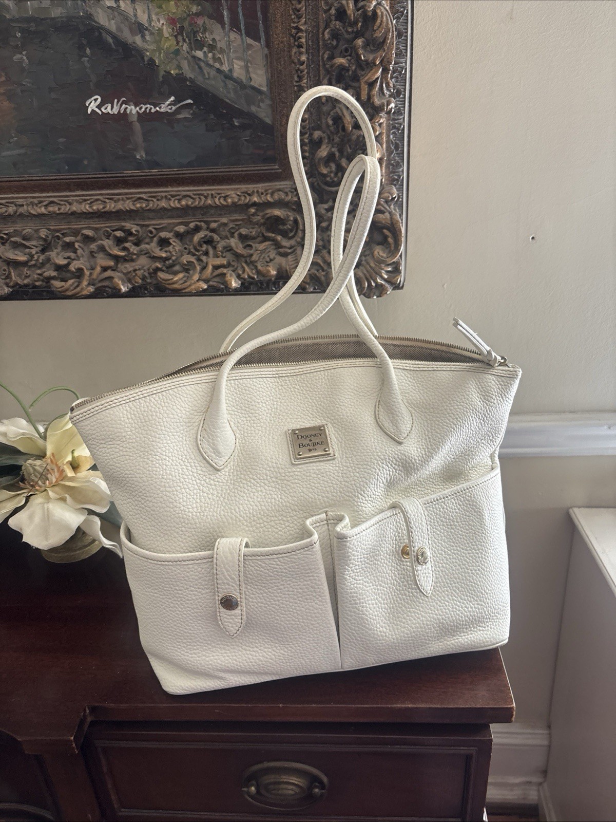 Dooney & Bourke White Pebbled Tote Zip Top Large w/ Pouch Pockets Lined