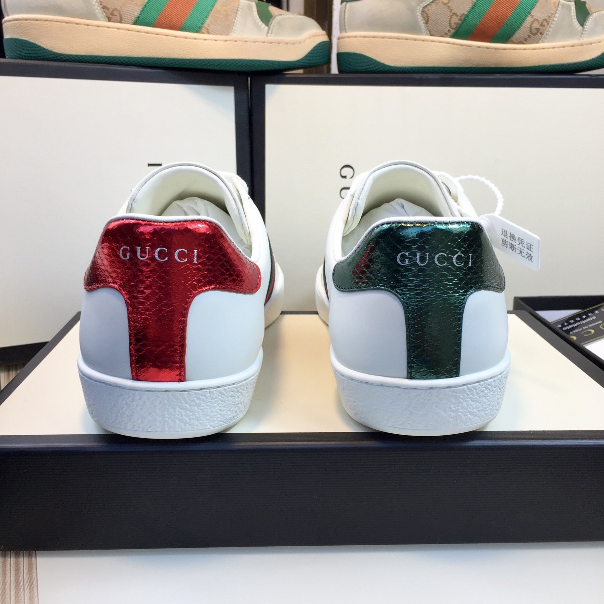Men Gucci Ace White Leather Green Red Snake Heel Gold Bee Designer Sneaker