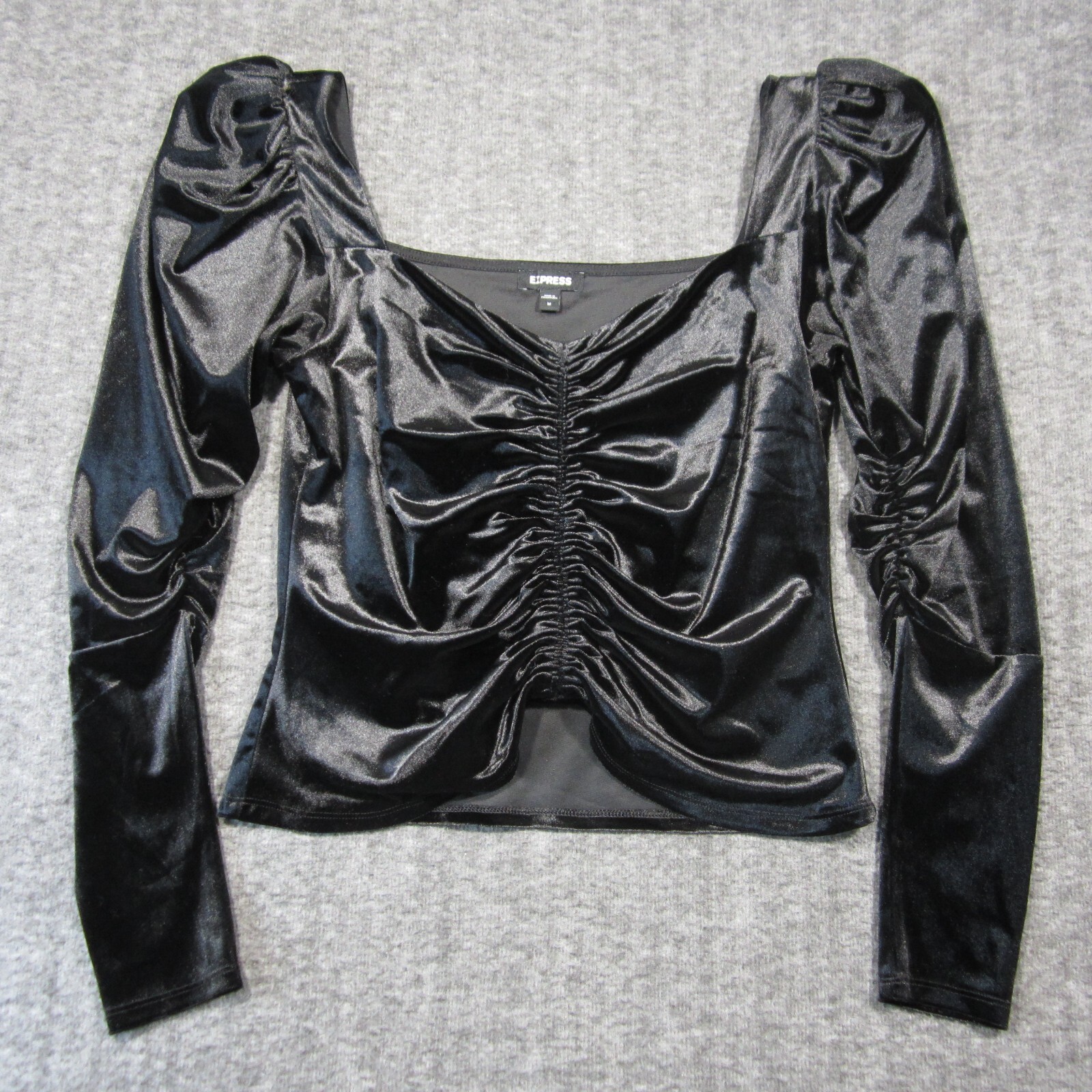 Express Puff Sleeve Velvet Top M Black Ruched Whimsigoth Dark Romantic Feminine