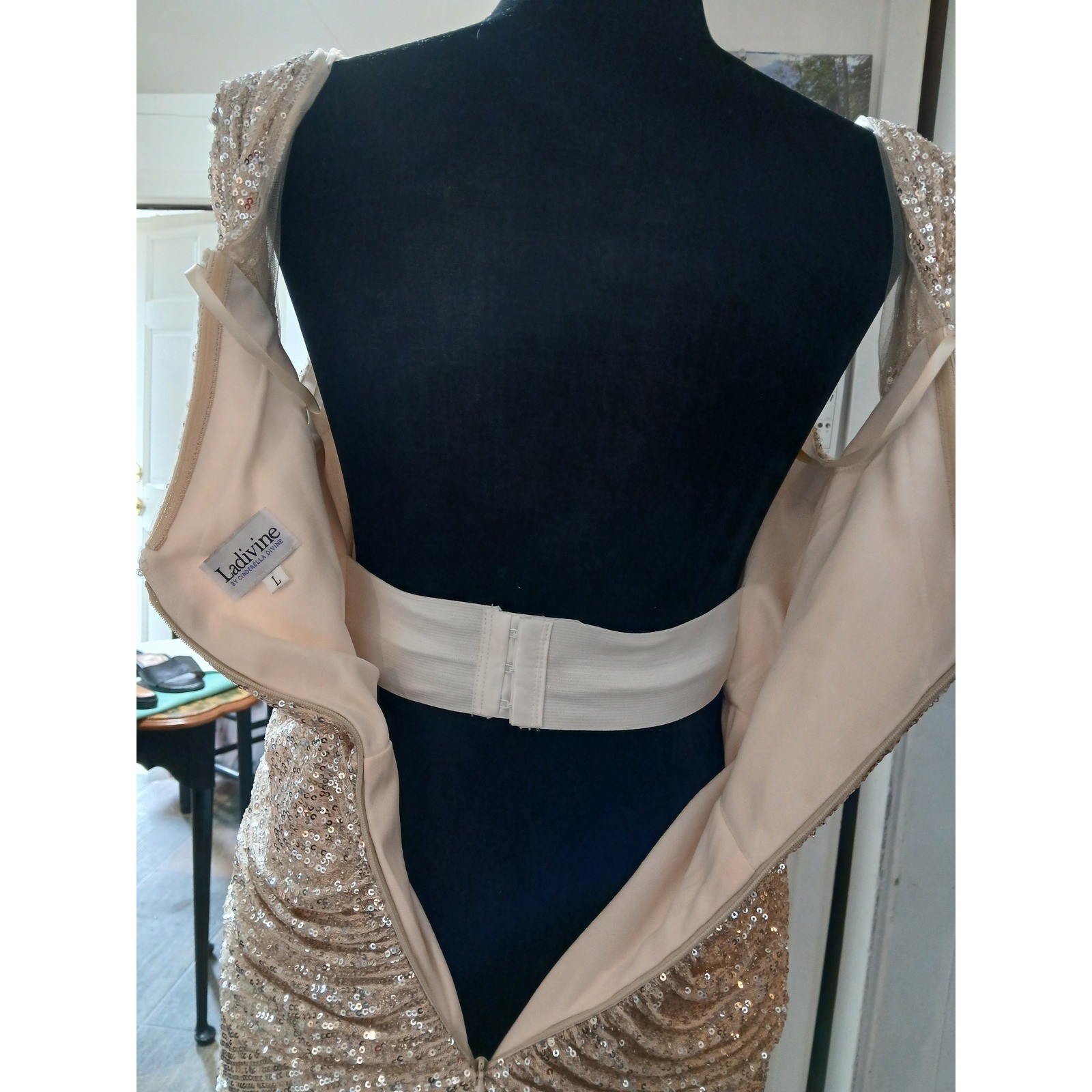 Ladivine Cinderella Divine Sequin Ruched Off Shoulder Evening Gown Champagne L
