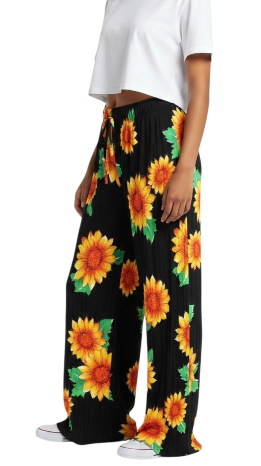 Women Sunflower Shiny Flower Sparkly Palazzo Pants Wide Leg Summer Stretch Pants