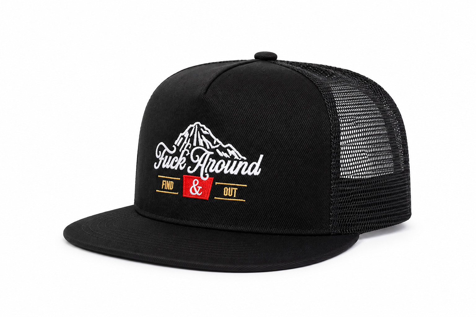 F’ AROUND & FIND OUT EMBROIDERED SNAPBACK TRUCKER HAT MESH BACK UNISEX BLACK