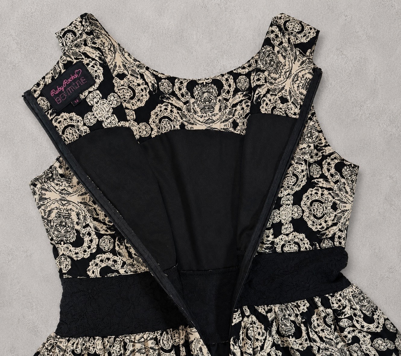Ruby Rocks Boutique Dress UK 12 Black Cream Rockabilly 50s Retro Skater Party