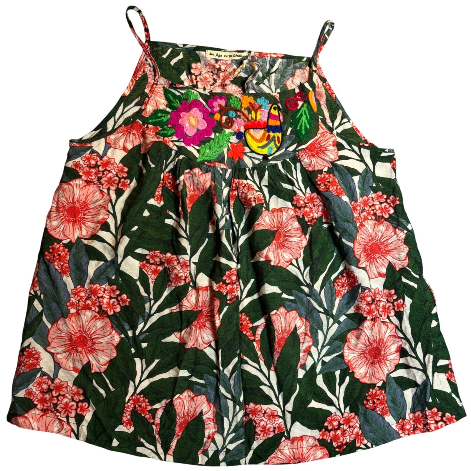 Bungaraya Thailand Little Bird Top Women Green Floral Yarn Embroidered NWT Sz M