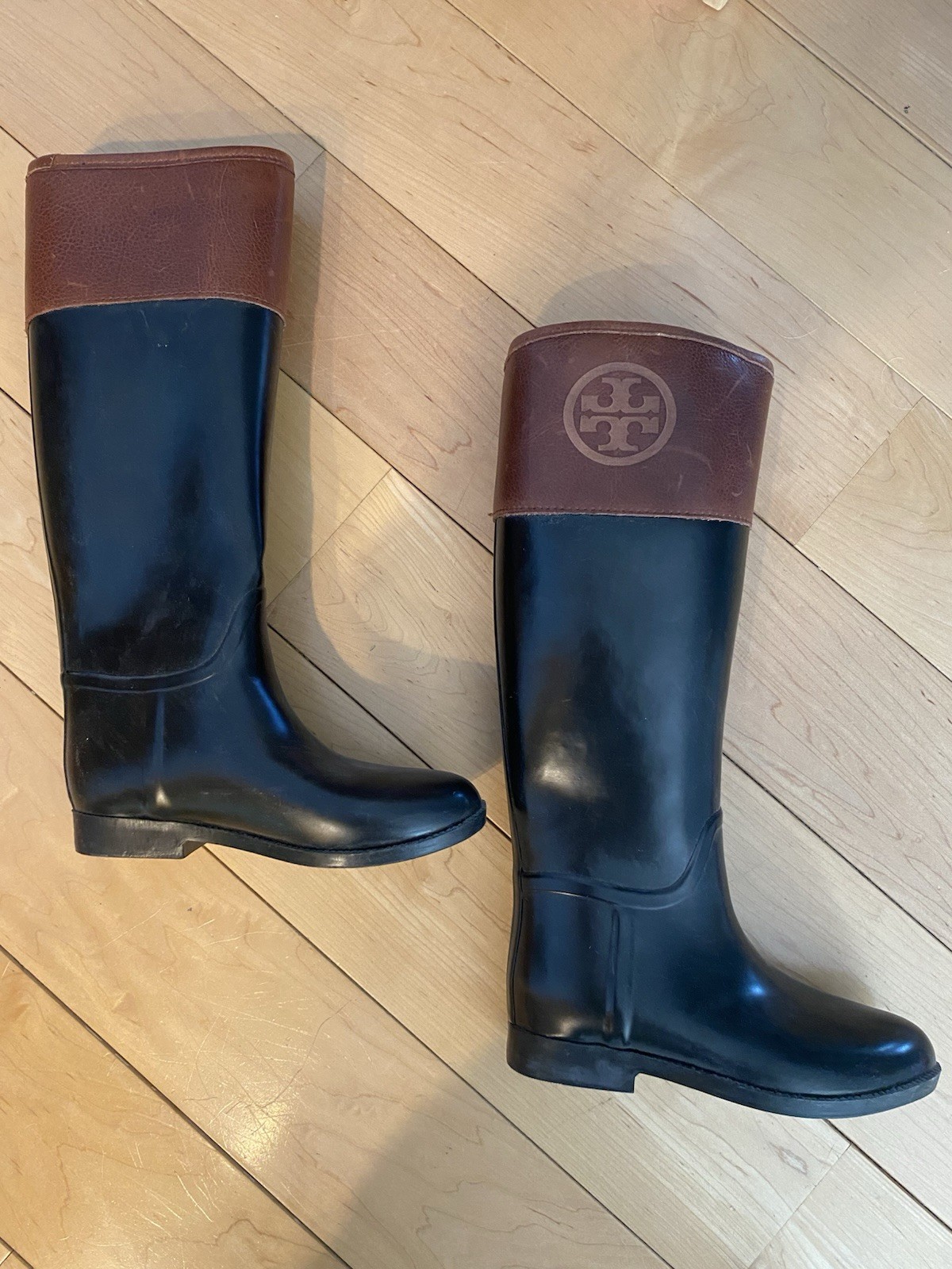 Tory Burch Diana Riding Rubber/Leather Tall Rain Boots, Size 6