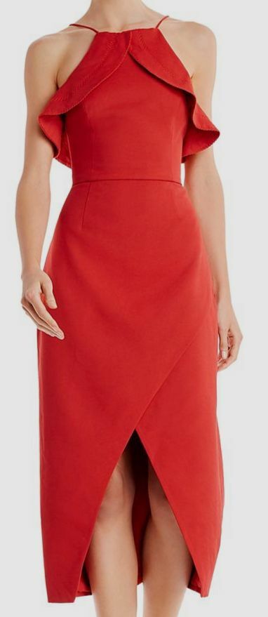 $200 C/Meo Collective Women’s Red Ruffle Affinity Envelope-Skirt Sheath Dress L