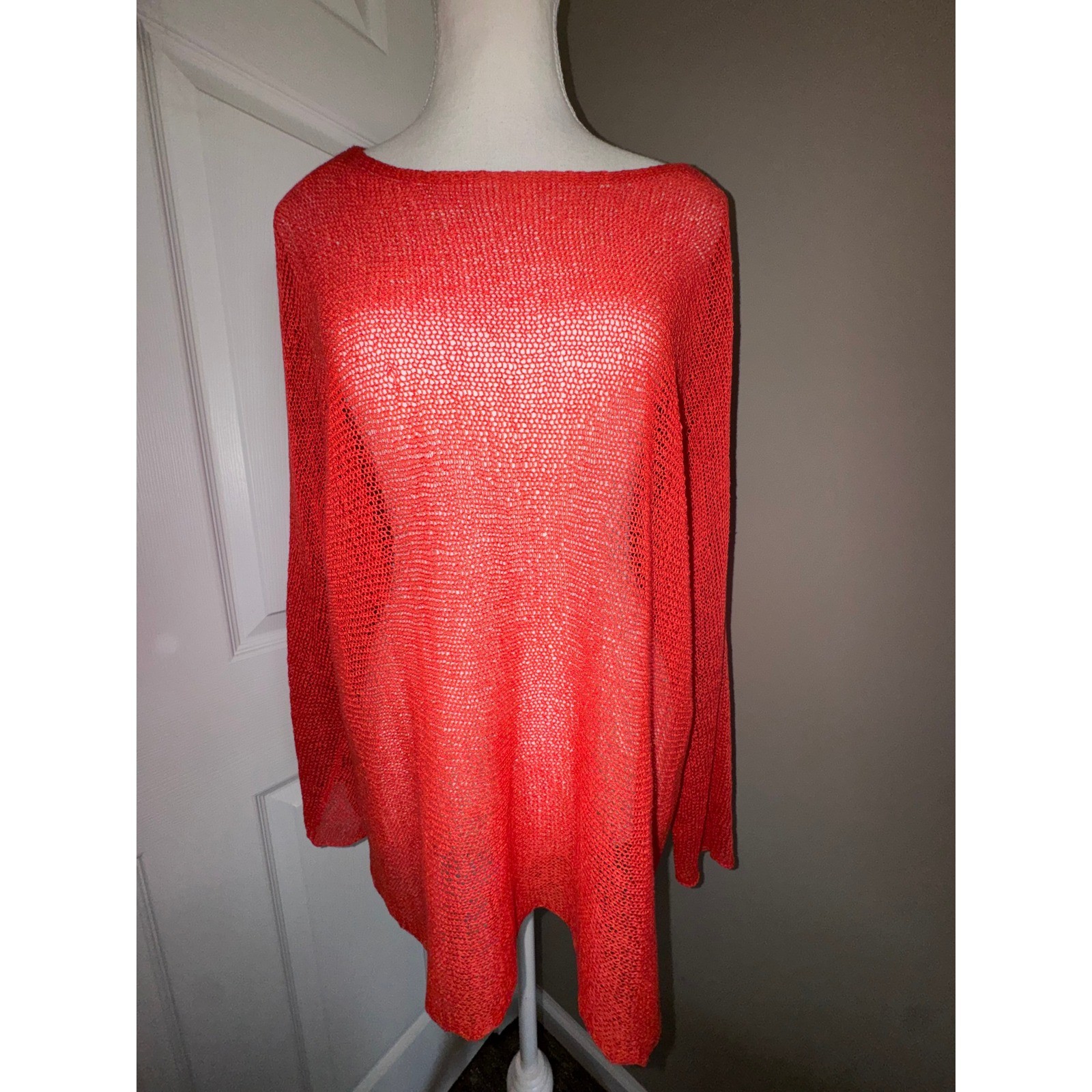 Eileen Fisher Womens Medium Coral Red Linen Blend Open Knit Boxy Sweater Top