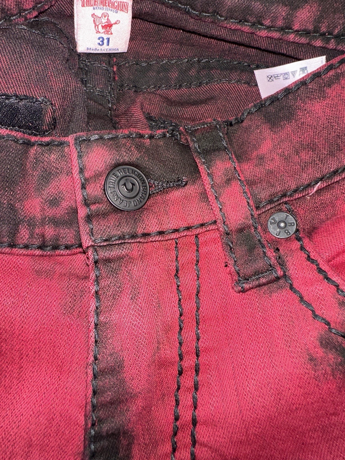 True Religion Jeans Mens 31 Red Black Acid Tie-Dye Wash Straight Pants